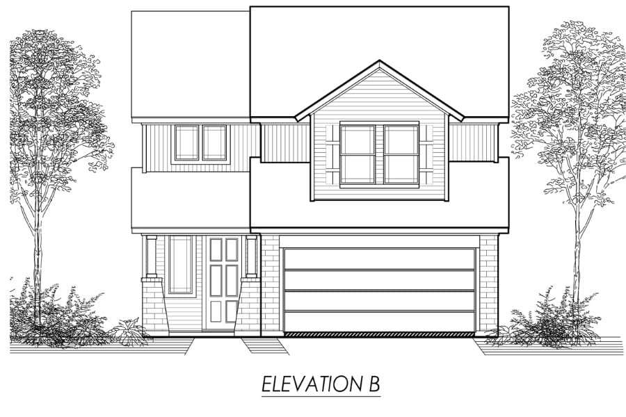 Architectural drawing of the front elevation of a two-story residential home with a garage.