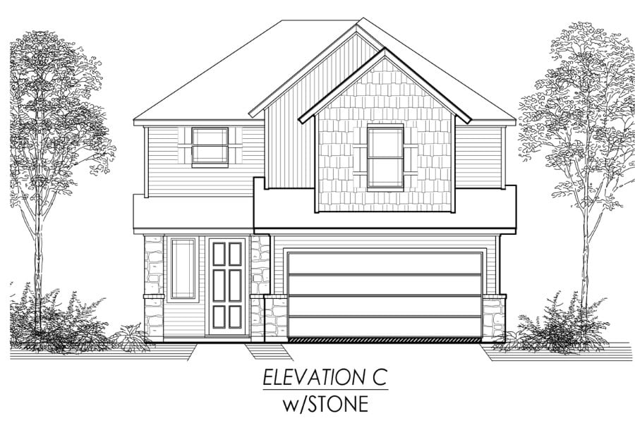 Architectural line drawing of a two-story house with a front garage and stone details, labeled "elevation c w/stone".