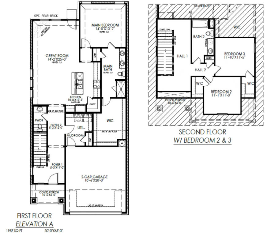 Floor plan of a two-story house with three bedrooms, featuring a great room, a main bedroom with a bathroom, additional bathrooms, and a two-car garage.