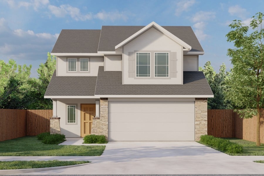 New suburban two-story house with an attached garage and fenced yard.