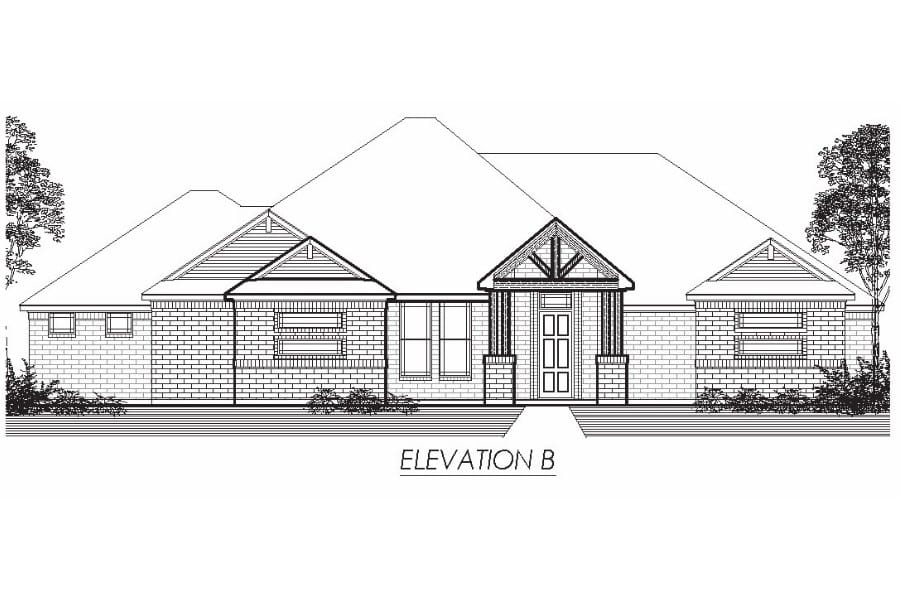 Architectural drawing of a single-story residential house elevation with labeled "elevation b.