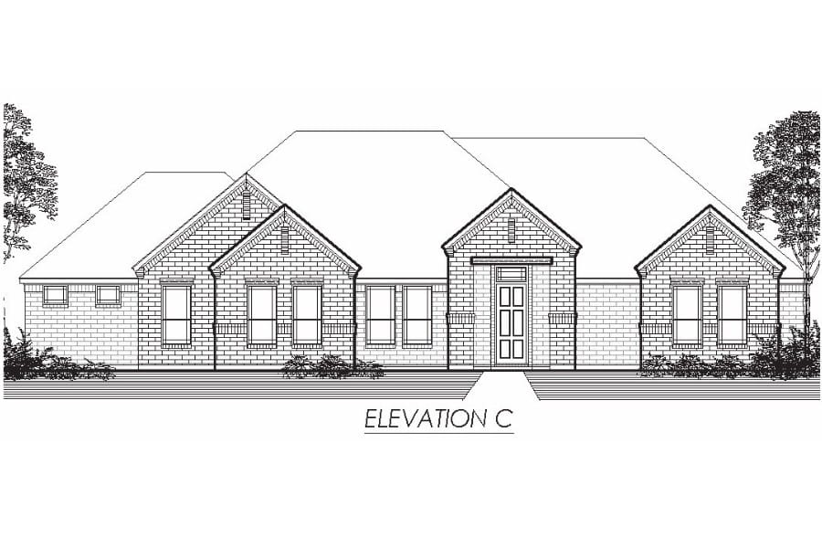 Architectural drawing of a single-story residential house facade, labeled "elevation c.