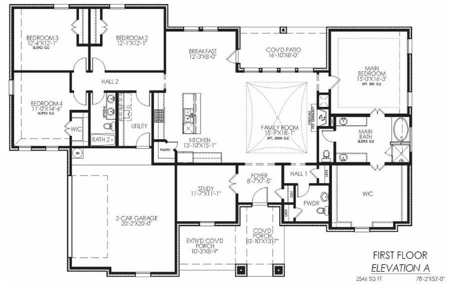 Architectural floor plan of a first-floor residential layout with multiple bedrooms, bathrooms, and common areas.