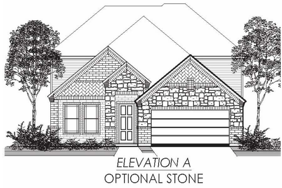 Architectural line drawing of a single-story house with an optional stone façade, labeled "elevation a".