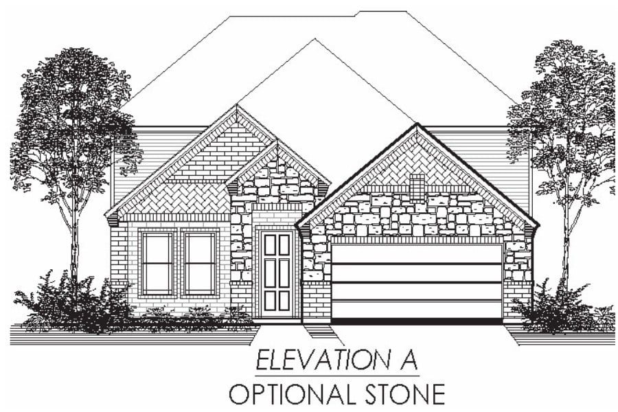 Architectural line drawing of a house front elevation labeled 'elevation a' with optional stone detailing.