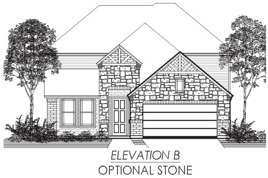 Architectural drawing of a house facade, labeled "elevation b," with optional stone detailing.