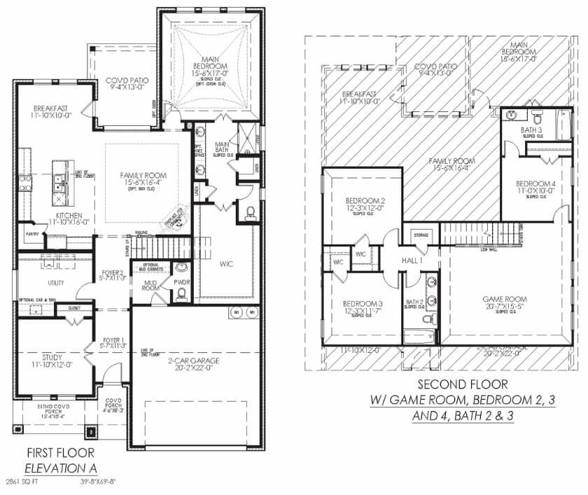 Architectural floor plan for a two-story home with labeled rooms and dimensions.