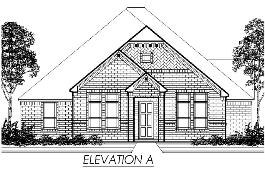 Architectural front elevation drawing of a single-story residential house with a gabled roof labeled "elevation a".