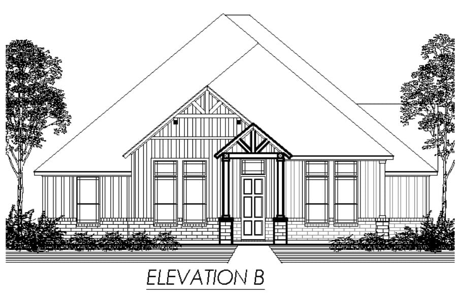 Architectural front elevation drawing of a single-story house with a gabled roof and a covered porch.