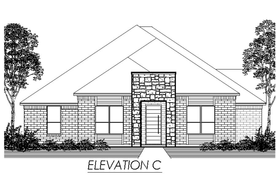 Architectural drawing of the front elevation of a single-story house with a gable roof and brick detailing.