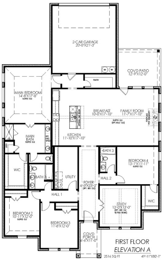 Architectural floor plan of a two-story residential home, showing layout details of the first floor including room dimensions, a two-car garage, and covered patio.