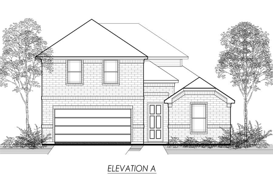 Architectural drawing of a two-story residential house with a garage, labeled "elevation a".