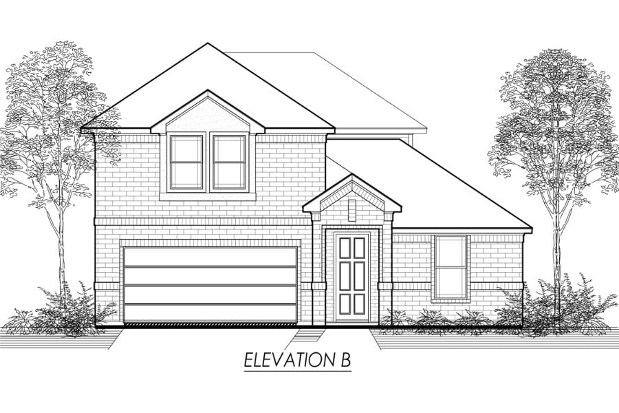 Architectural drawing of a two-story residential house elevation labeled "elevation b.