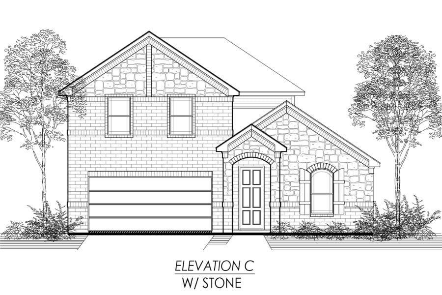 Architectural drawing of a two-story residential house with a garage and stone elevation details.