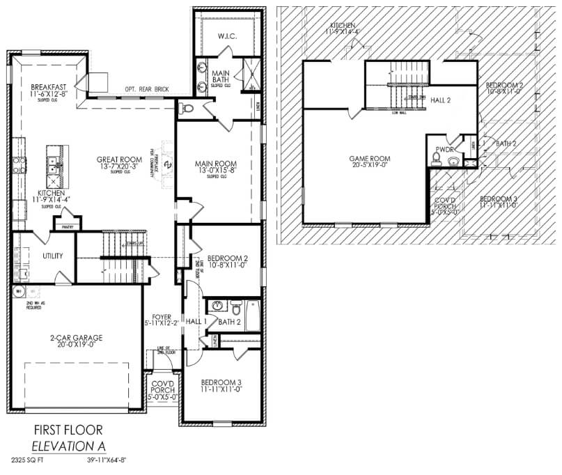 Architectural floor plan of a two-story house with labeled rooms and dimensions.