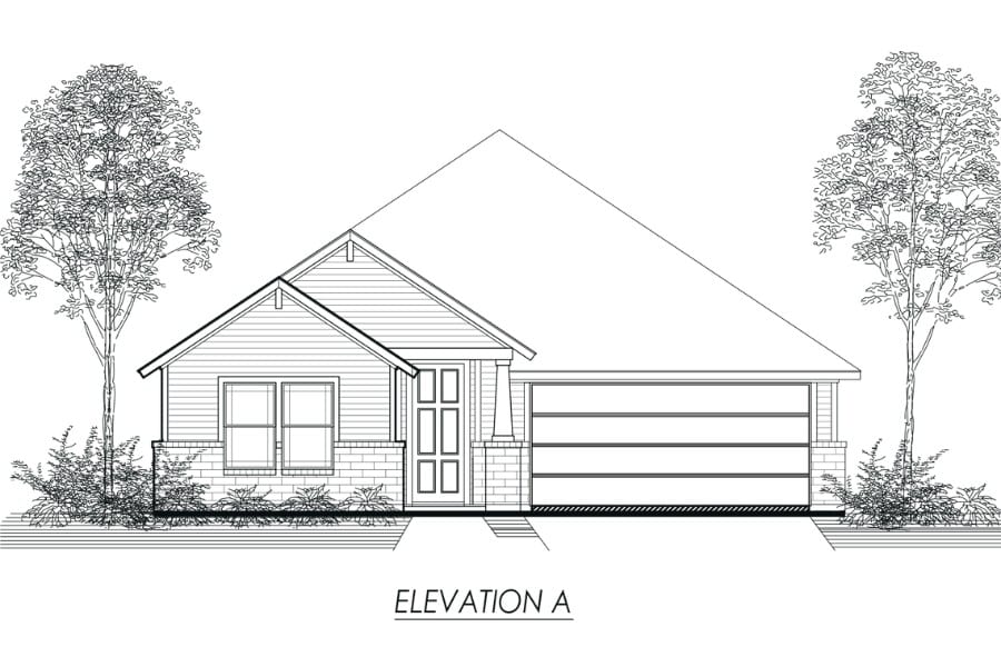Architectural front elevation drawing of a single-story house with a gable roof and an attached garage, flanked by trees.