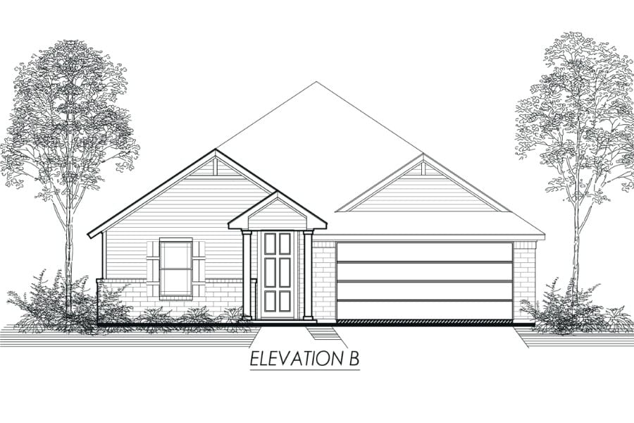 Architectural line drawing of a single-story house with a gabled roof, front entrance, and garage, labeled "elevation b.