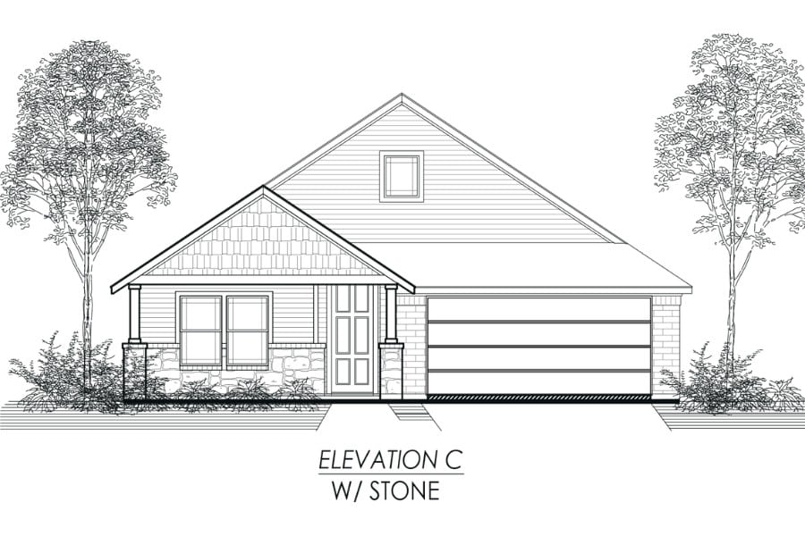 Front elevation line drawing of a single-story residential house with a garage and stone accents, flanked by trees.
