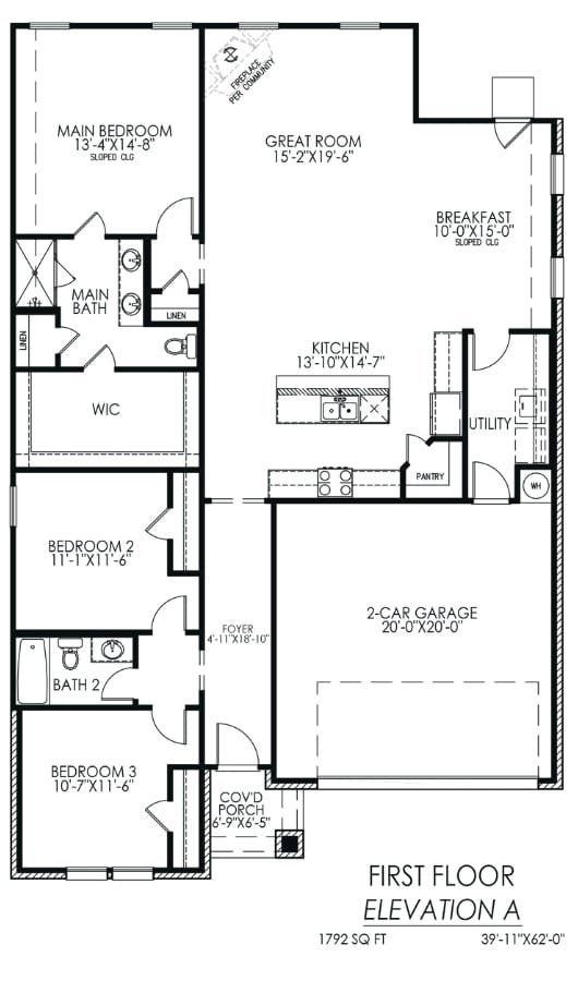 Black and white floor plan of a two-story house's first level, featuring three bedrooms, two bathrooms, a kitchen, breakfast area, great room, and two-car garage.