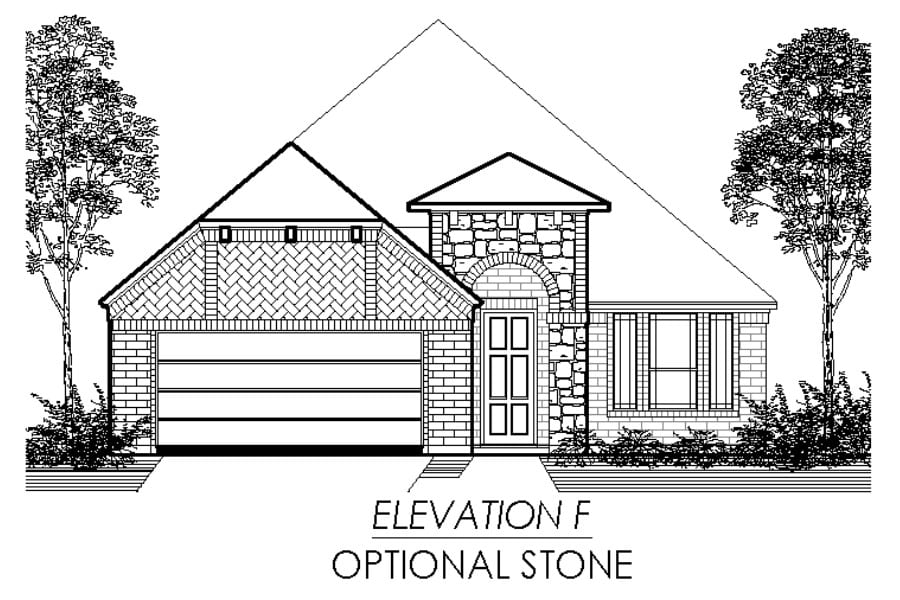 Architectural drawing of a single-story house with optional stone facade and trees on either side.