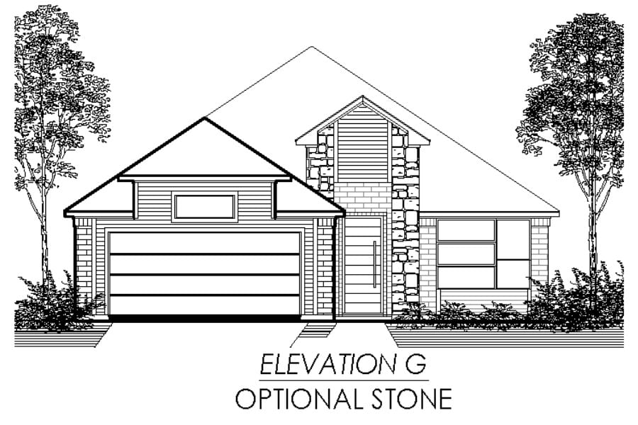 Front elevation drawing of a single-story house with an attached garage and optional stone facade, flanked by trees.