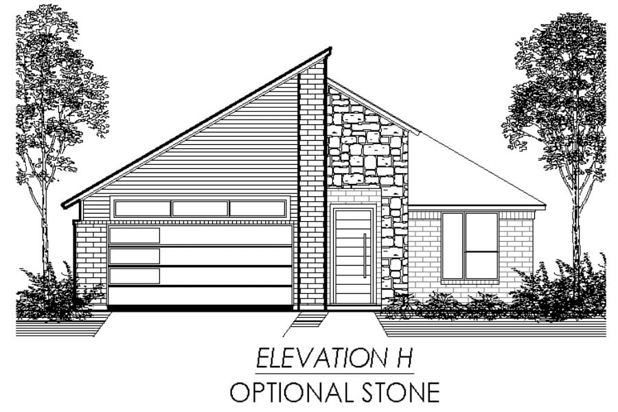 Architectural line drawing of a single-story house with optional stone elevation and trees in the background.