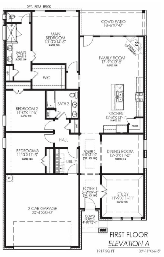 Architectural floor plan of a two-story home featuring three bedrooms, a study, and a two-car garage.