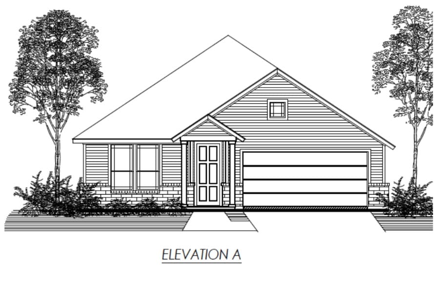 Architectural line drawing of a single-story house with a front-facing garage and trees, labeled "elevation a.