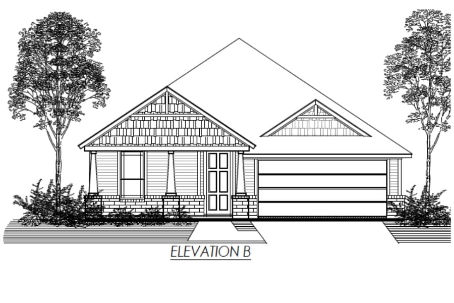 Architectural drawing of a single-story house elevation with gabled roof and attached garage.