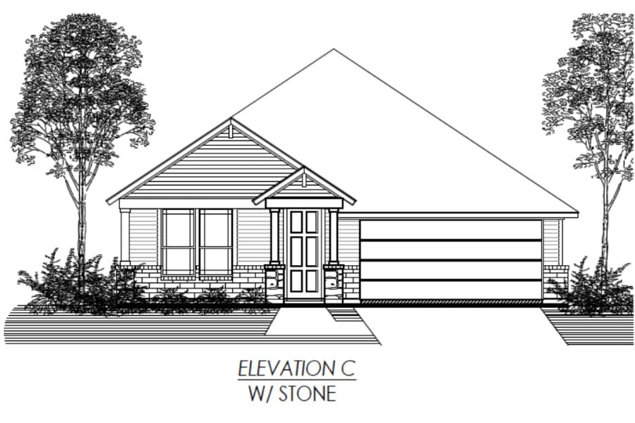 Architectural drawing of a single-story house front elevation with stone detailing.