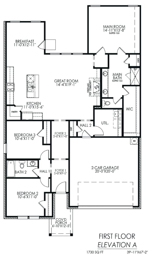 Black and white floor plan of a two-story house, showing the layout of the first floor with room dimensions and labels.