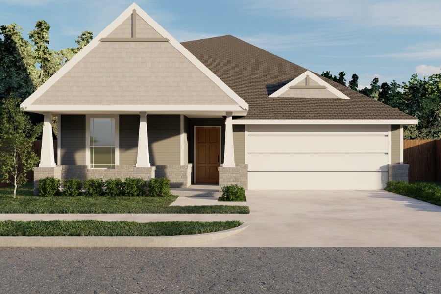 New suburban house with gable roof, two-car garage, and landscaped front yard.