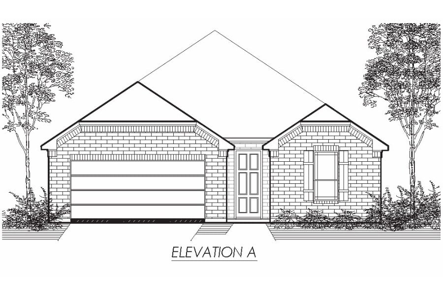 Architectural line drawing of a single-story house with a gable roof, showing front elevation labeled "elevation a".