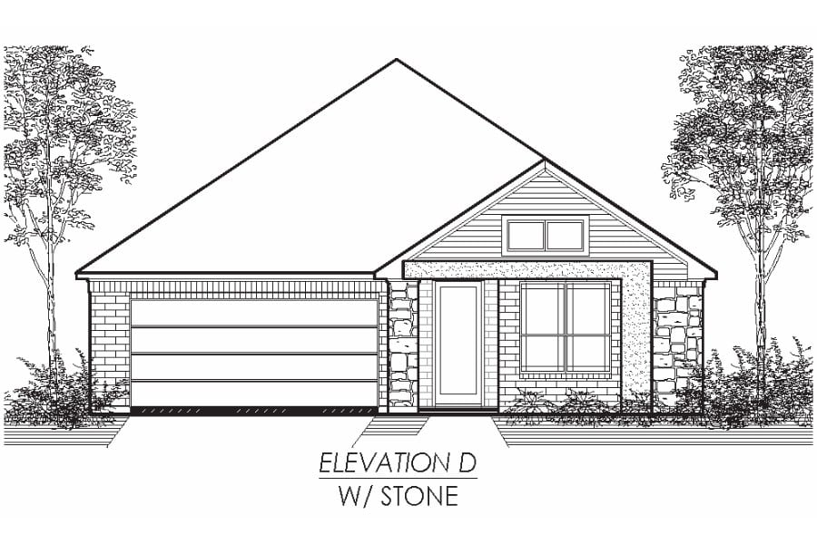 Architectural drawing of a single-story residential house with stone accents, labeled "elevation d w/ stone".