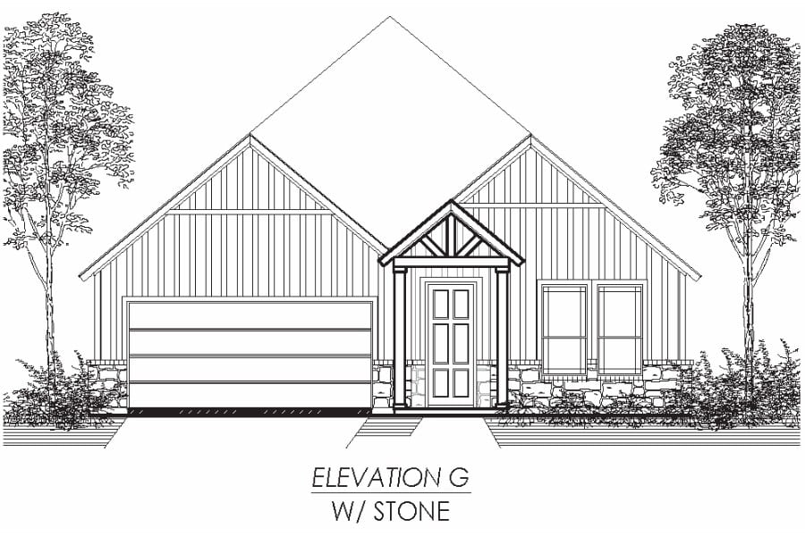 Architectural black and white line drawing of a single-story house front elevation labeled "elevation g w/ stone" with a gabled roof, attached garage, and landscaping.