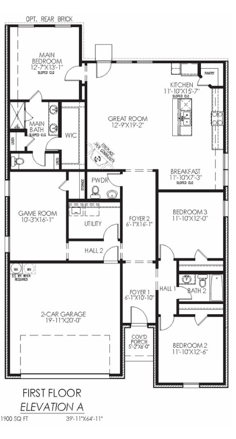 First floor architectural plan with dimensions, featuring 3 bedrooms, kitchen, and living spaces.