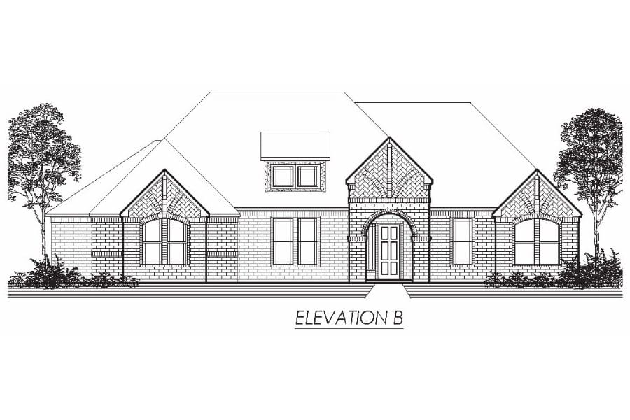 Architectural elevation drawing of a single-story residential house with a gabled roof and dormer window.