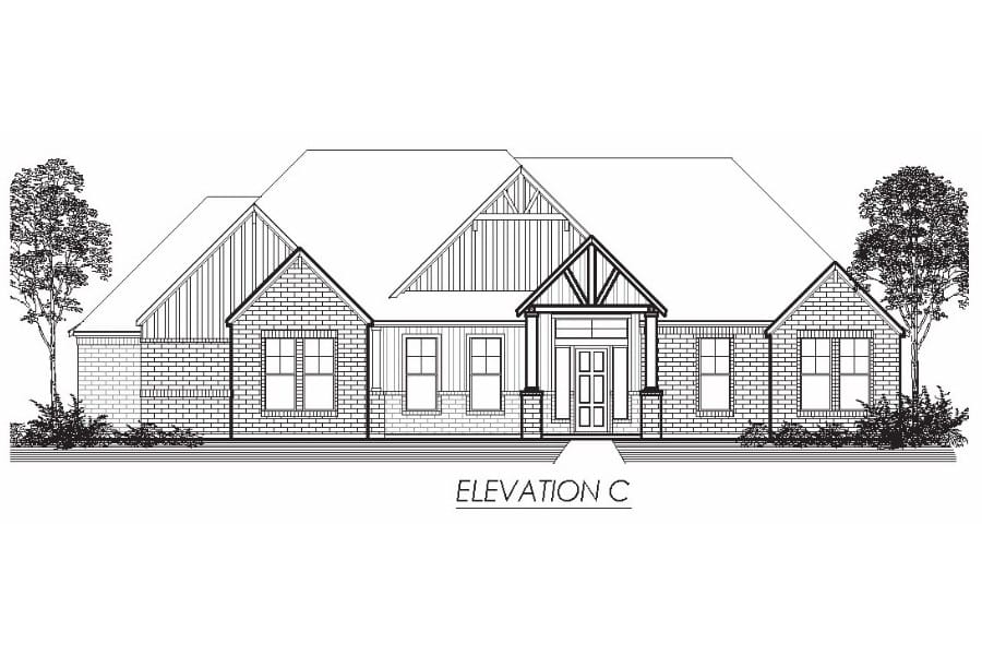 Architectural drawing of a single-story residential building with a gabled roof, labeled "elevation c".