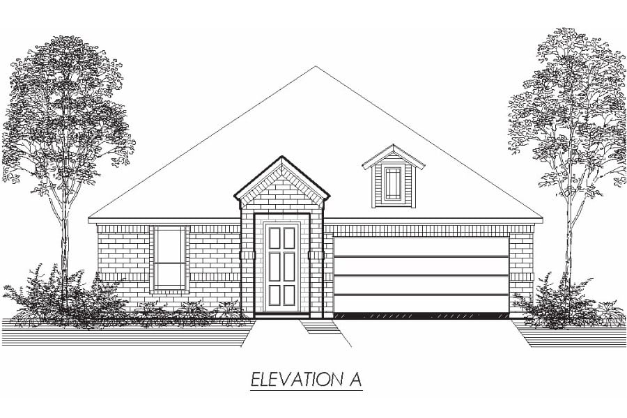 Architectural drawing of a single-story house elevation with a gabled roof and garage.