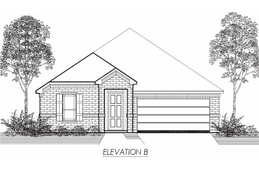 Architectural drawing of a one-story residential home with a front-facing garage and trees beside the house, labeled "elevation b.