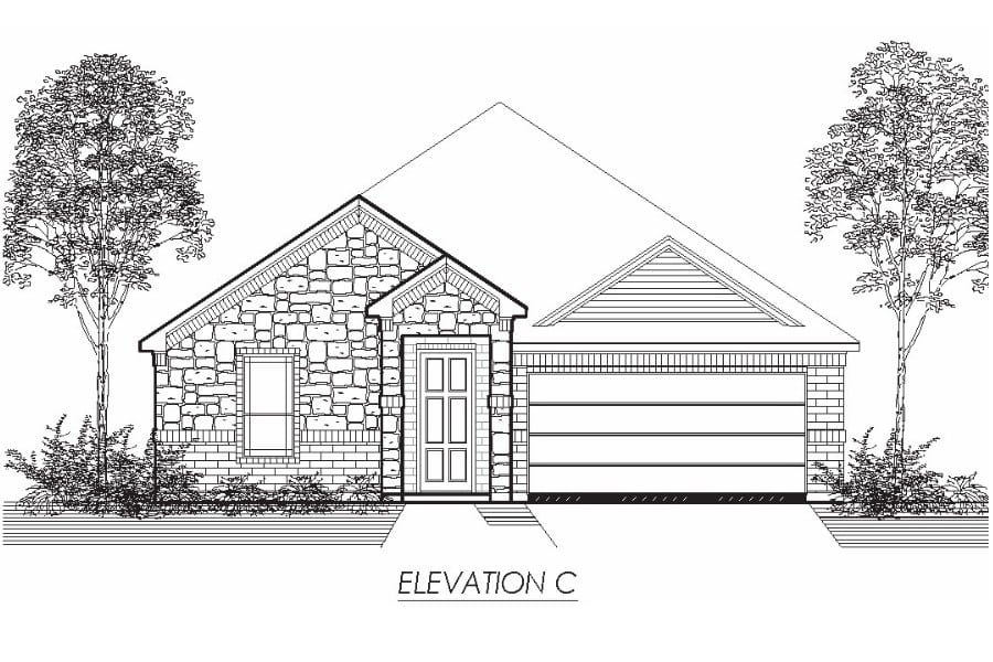 Architectural drawing of a single-story house's façade with a gable roof, stone veneer, and attached garage, labeled "elevation c.