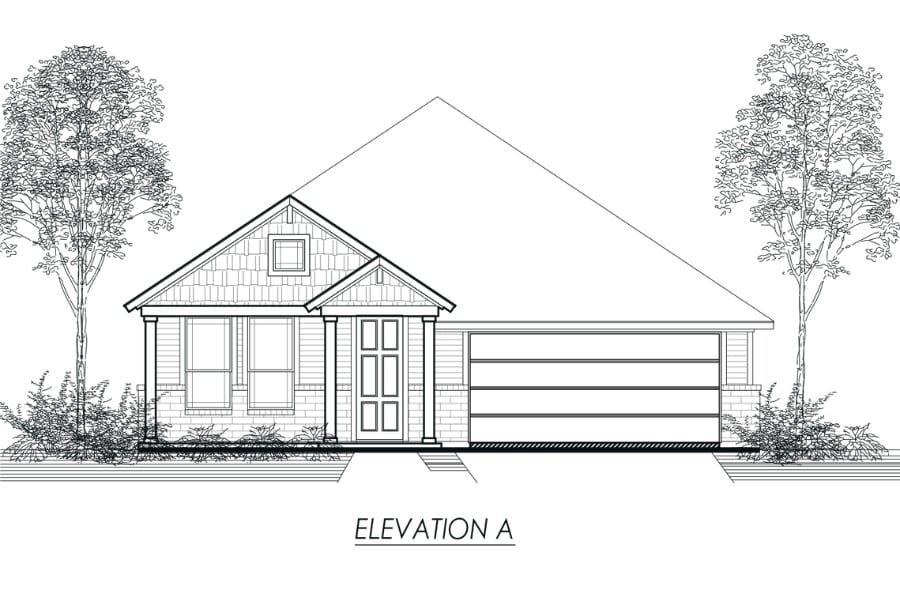 Architectural line drawing of a single-story house with a gable roof and attached garage, labeled "elevation a".