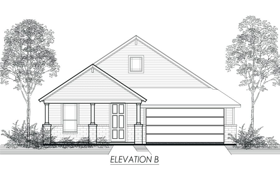 Architectural drawing of a single-story house with a garage, labeled "elevation b.