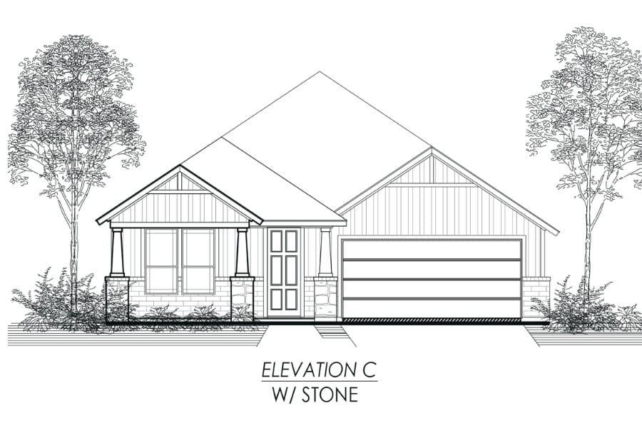Architectural front elevation drawing of a single-story house with stone detailing and an attached garage.