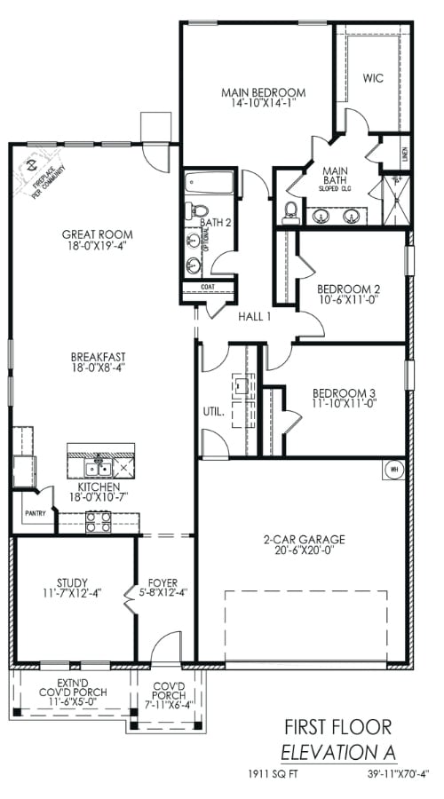 Floor plan of a two-story home showing the first floor layout, including a great room, kitchen, study, three bedrooms, and a two-car garage.