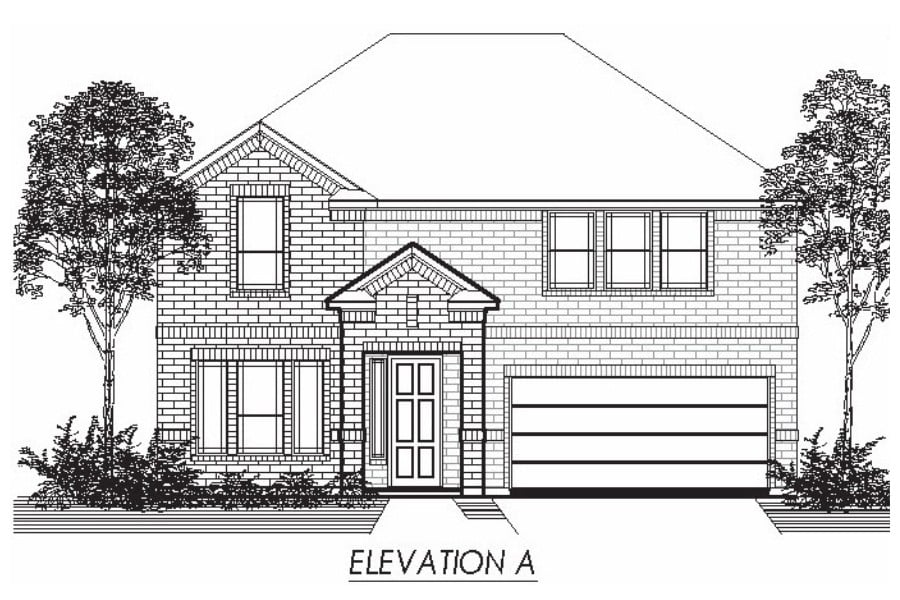 Architectural drawing of a two-story house with a garage.