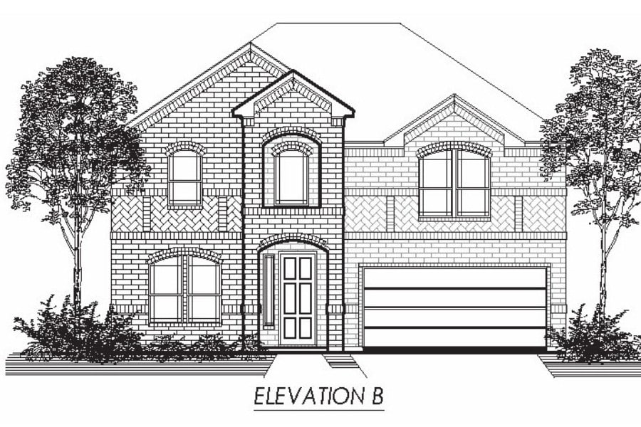 Black and white architectural drawing of a two-story residential house with a brick facade, featuring a front door and a two-car garage.