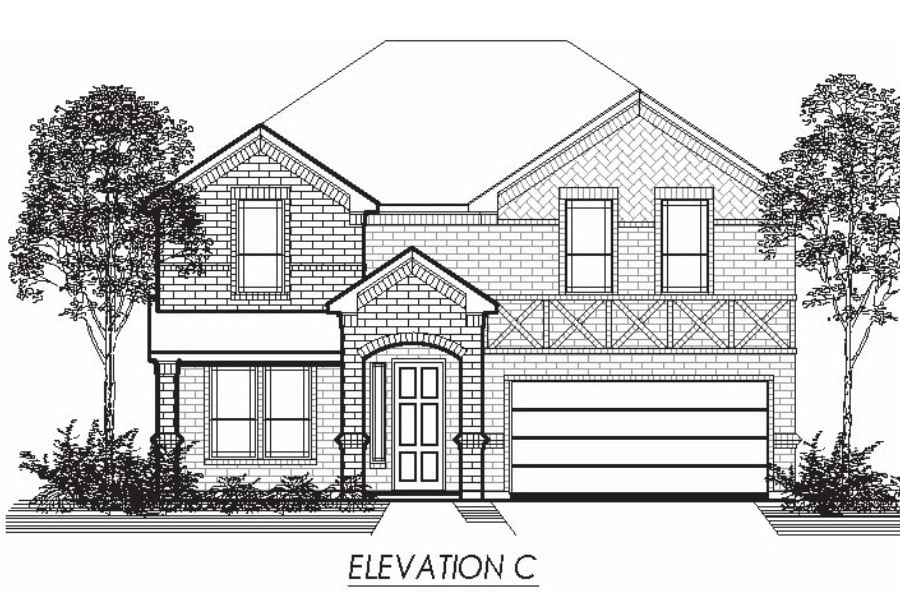 Front elevation drawing of a two-story residential house with a brick facade and attached garage.