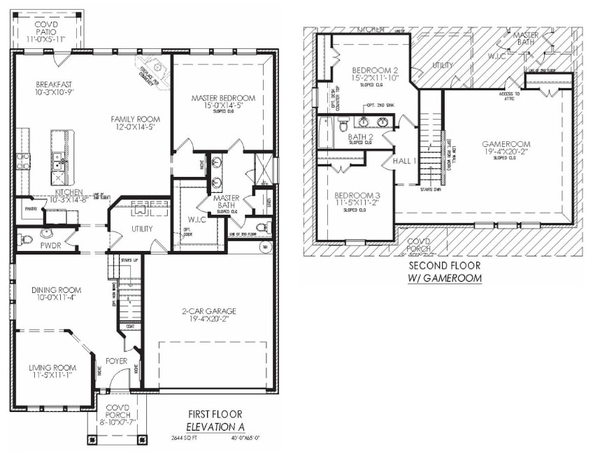 Architectural floor plan for a two-story house with dimensions and room layout.