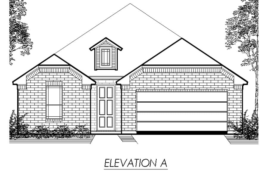 Architectural drawing of a single-story house with a front gable, entrance, and attached two-car garage labeled "elevation a".